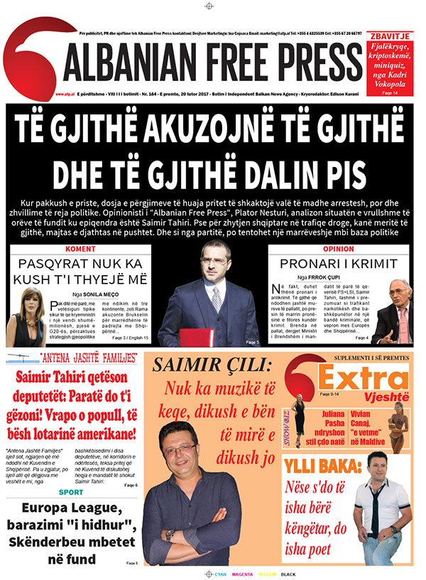 Lexoni sot, 20 tetor 2017, në gazetën e përditshme "Albanian Free Press"