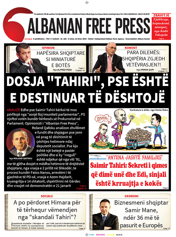 Lexoni sot, 23 tetor 2017, në gazetën e përditshme "Albanian Free Press"