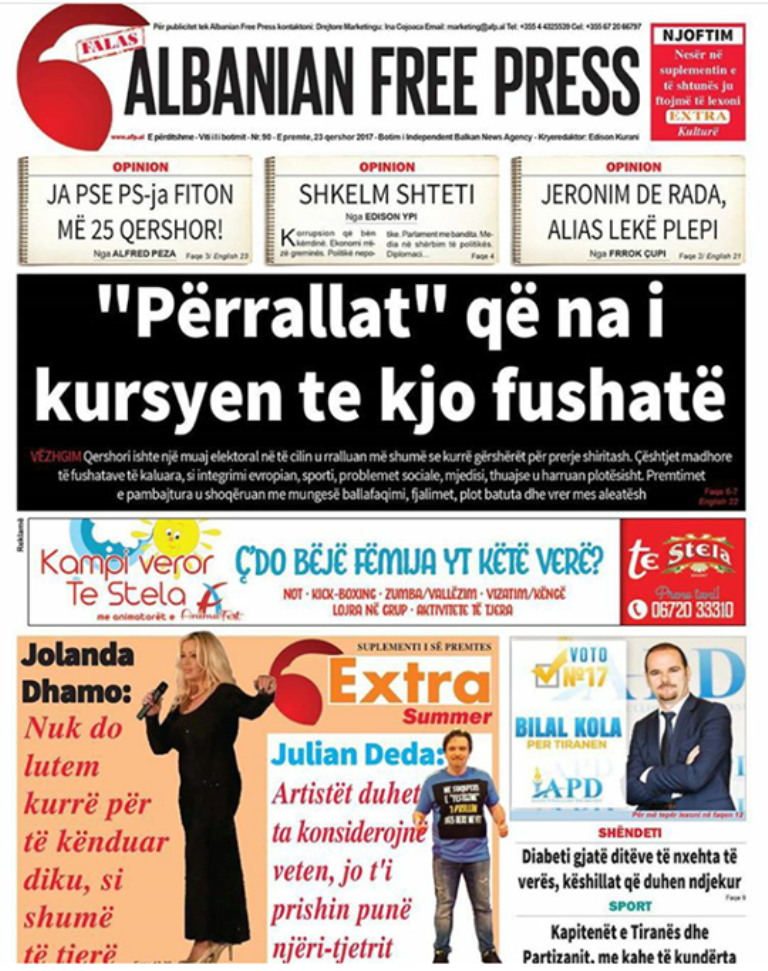 Lexoni sot 23 qershor 2017 në gazetën e përditshme “Albanian Free Press”