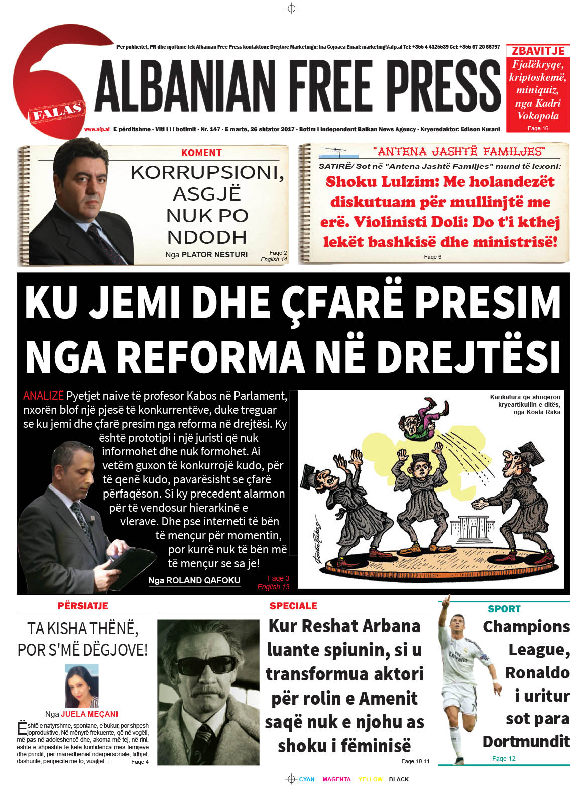 Lexoni sot 26 shtator 2017 në gazetën e përditshme “Albanian Free Press”