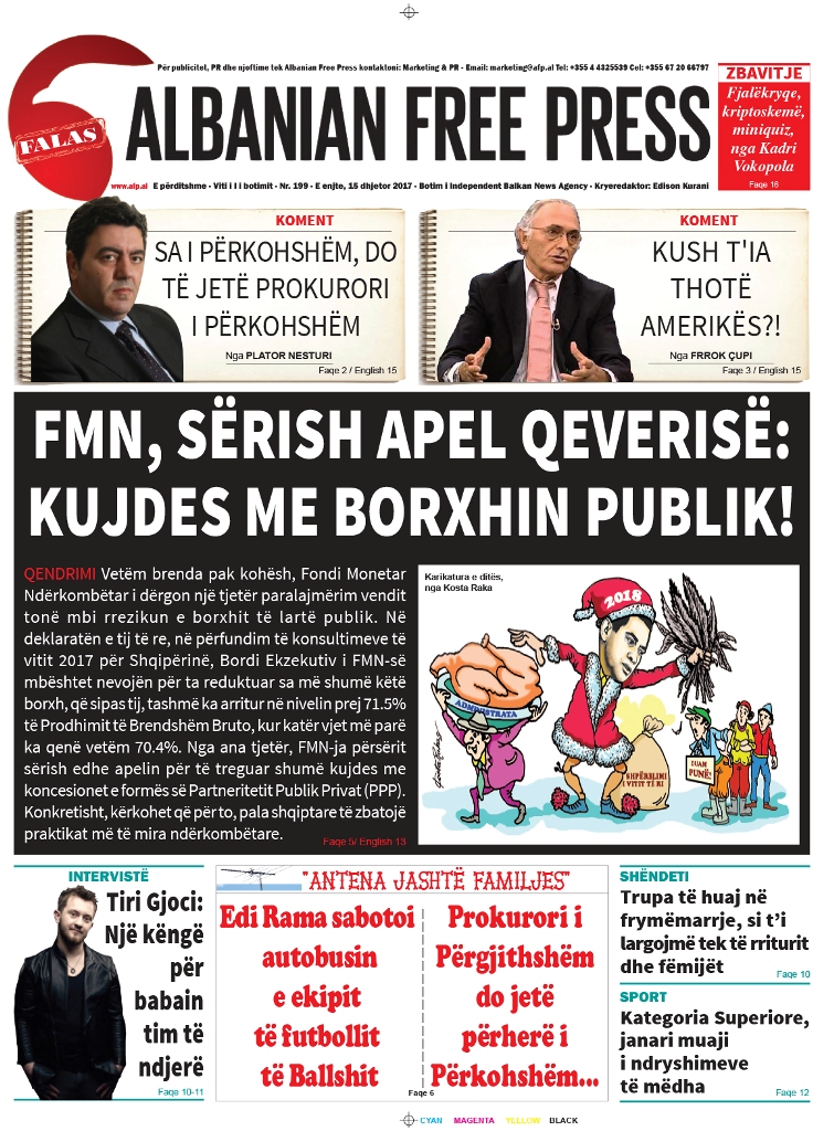 Lexoni sot, 15 dhjetor 2017, në gazetën e përditshme "Albanian Free Press"